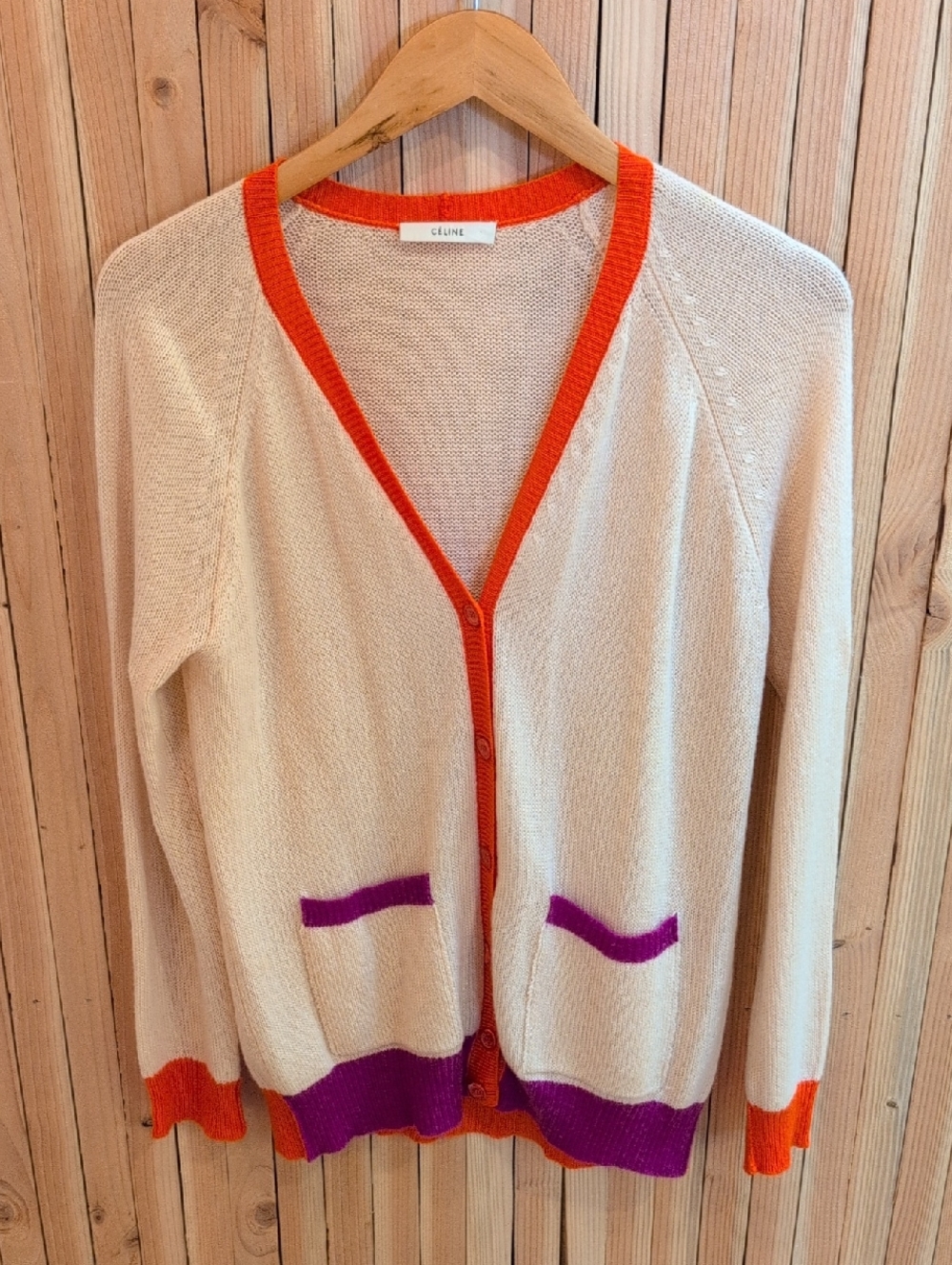 Celine Light Peach Cardigan with Orange Trim and Purple Pockets